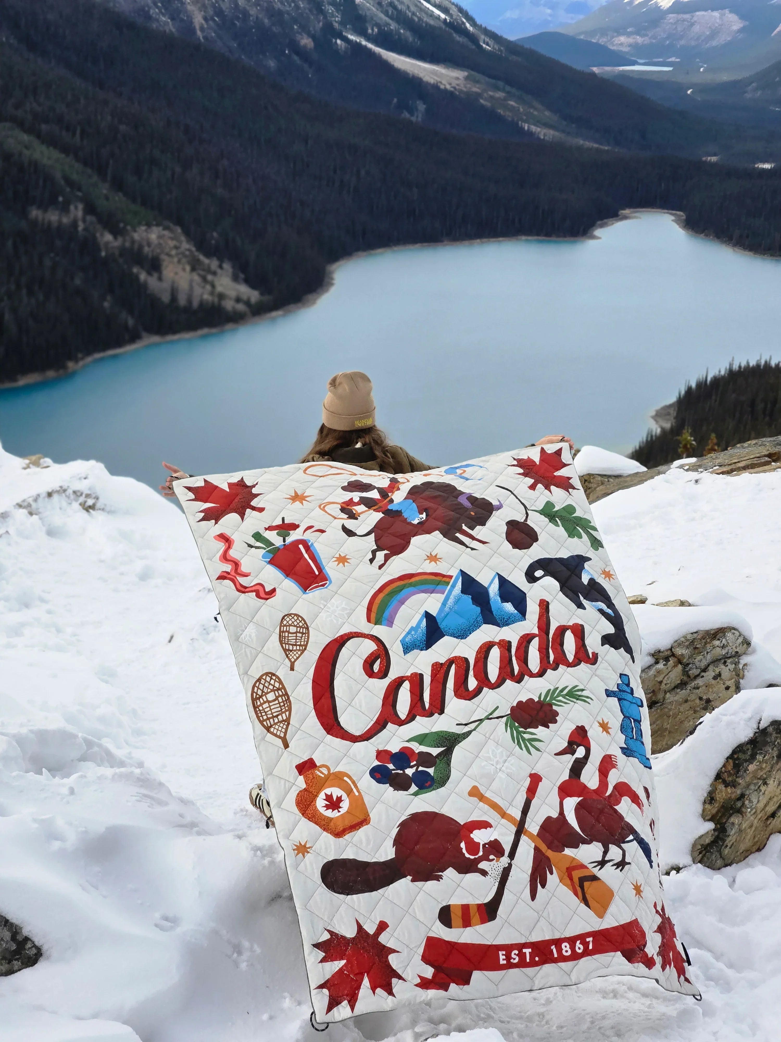 Adventure Blanket with Canadian symbols at Peyto Lake in Banff national park