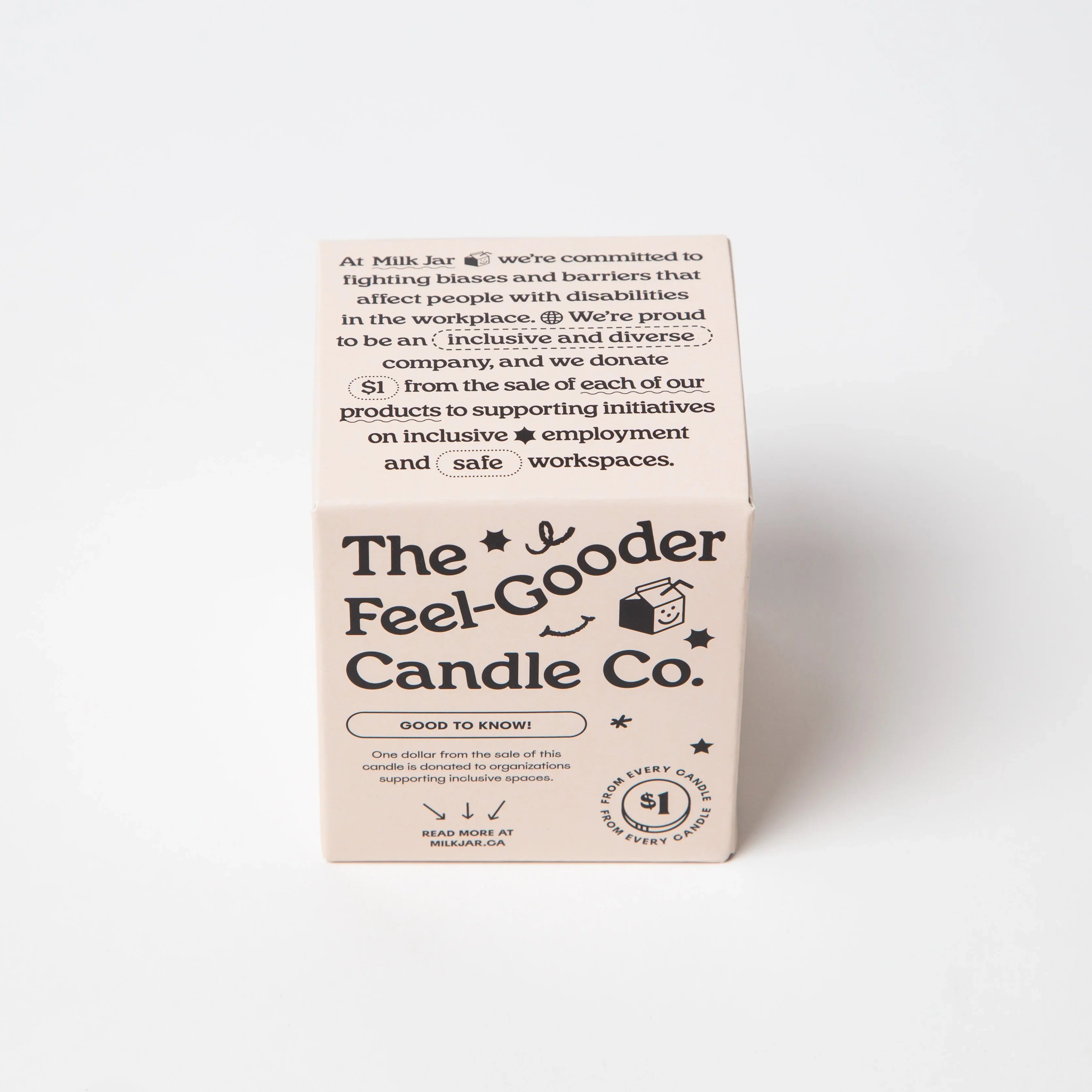 Milk Jar Candle Co. box with inclusive and safe spaces message on white background.