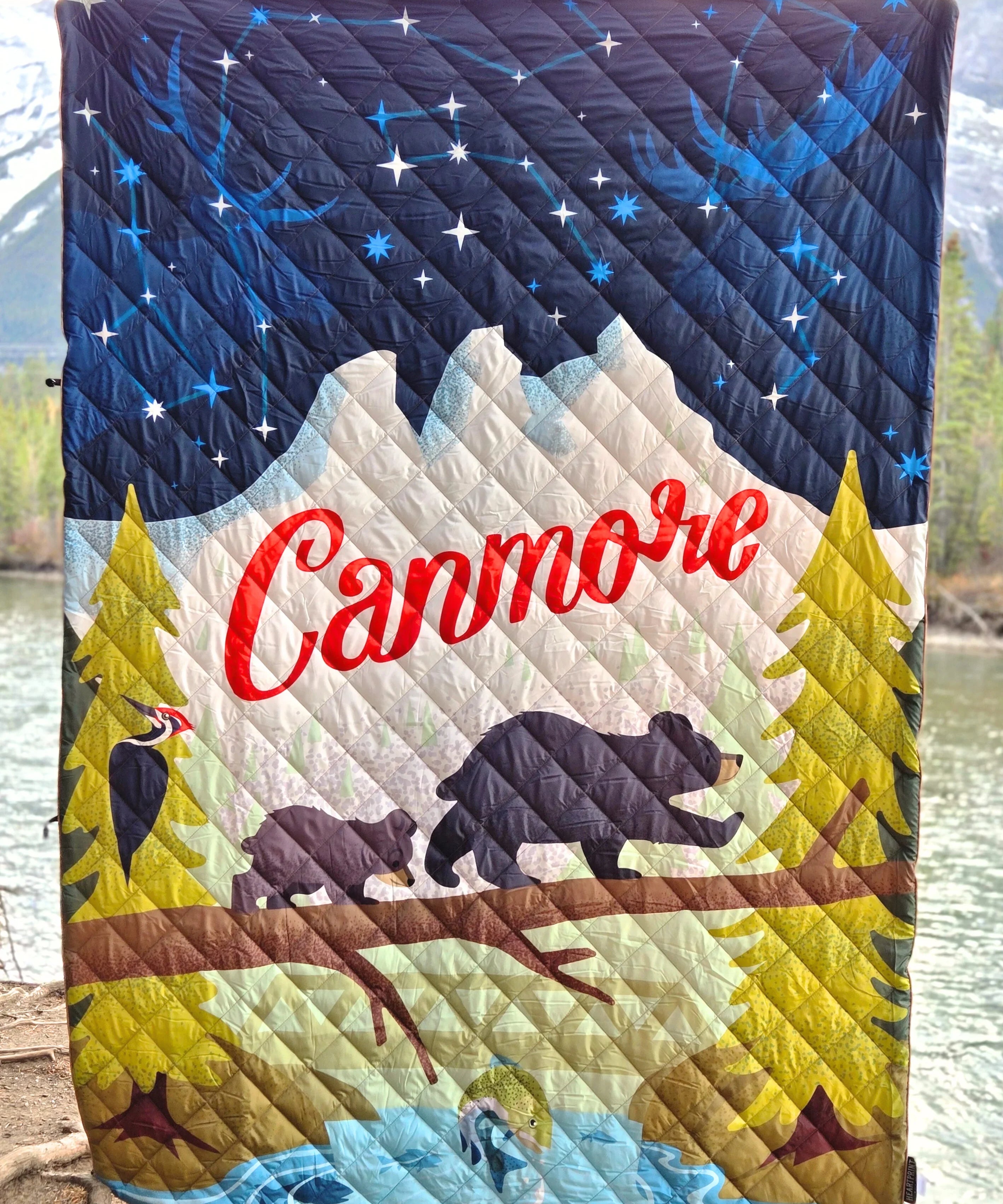 Canmore Adventure Themed Outdoor Puffy Blanket. Three Sisters. Engine Bridge. Constellations. Mountain Escape