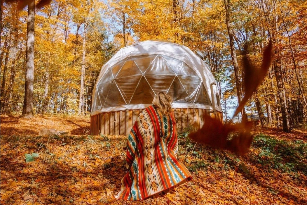 A person in a colorful patterned robe stands in a forest of falling autumn leaves, facing a clear geodesic dome tent surrounded by golden trees under a blue sky.