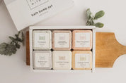 Boxed bath bomb set with six scents including eucalyptus, lavender lemongrass, and orange vanilla