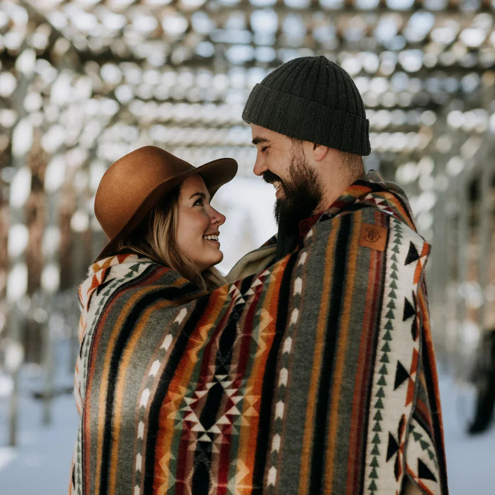 Smiling couple outdoors wrapped in a colorful patterned blanket on a snowy day