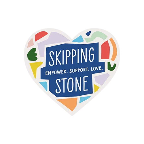 Heart-shaped logo with colorful mosaic and text: Skipping Stone, Empower. Support. Love.