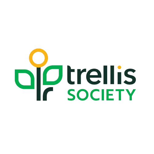 Trellis Society logo with green leaves and a yellow circle icon