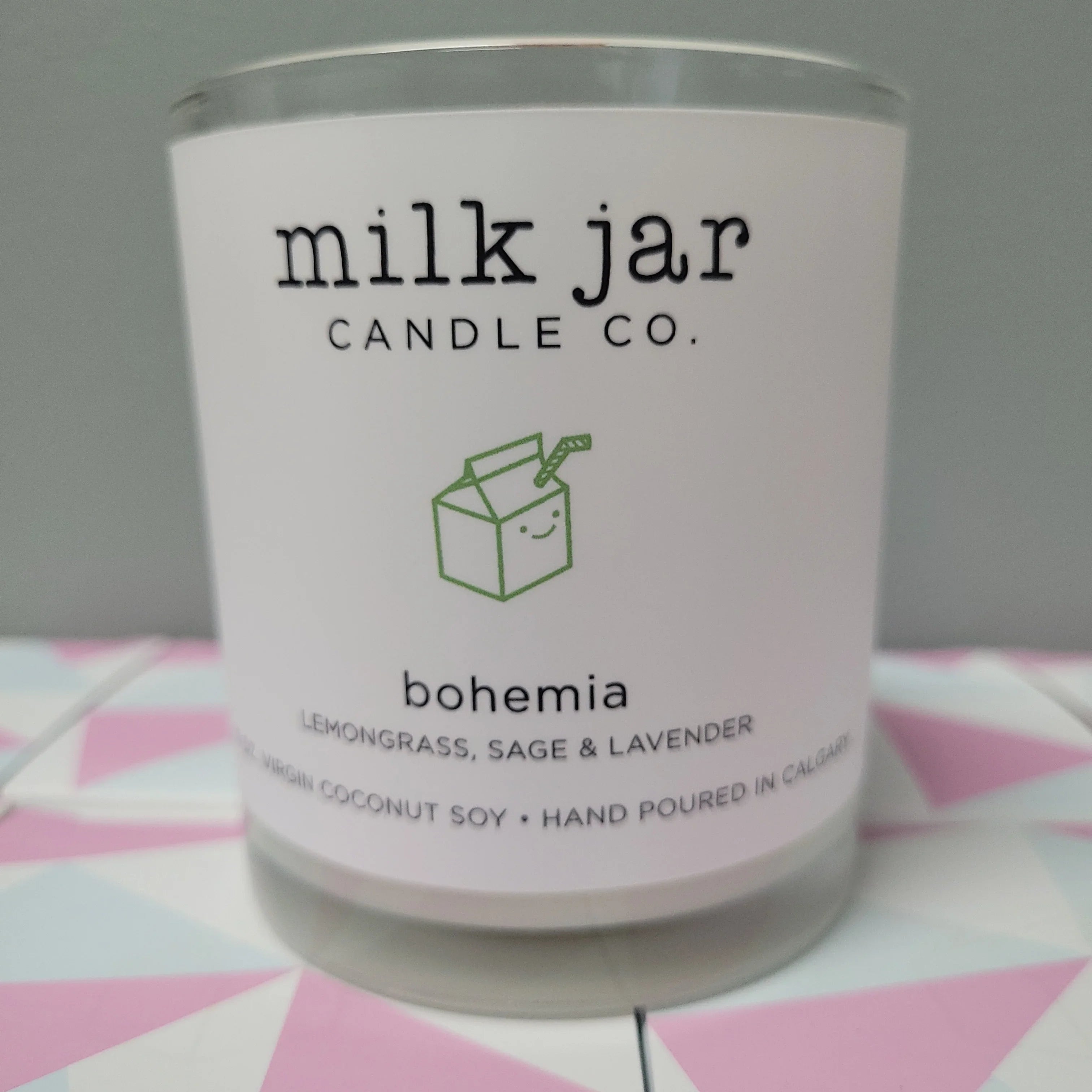 Milk Jar Candle Co. Bohemia scented candle with lemongrass, sage, and lavender in glass jar