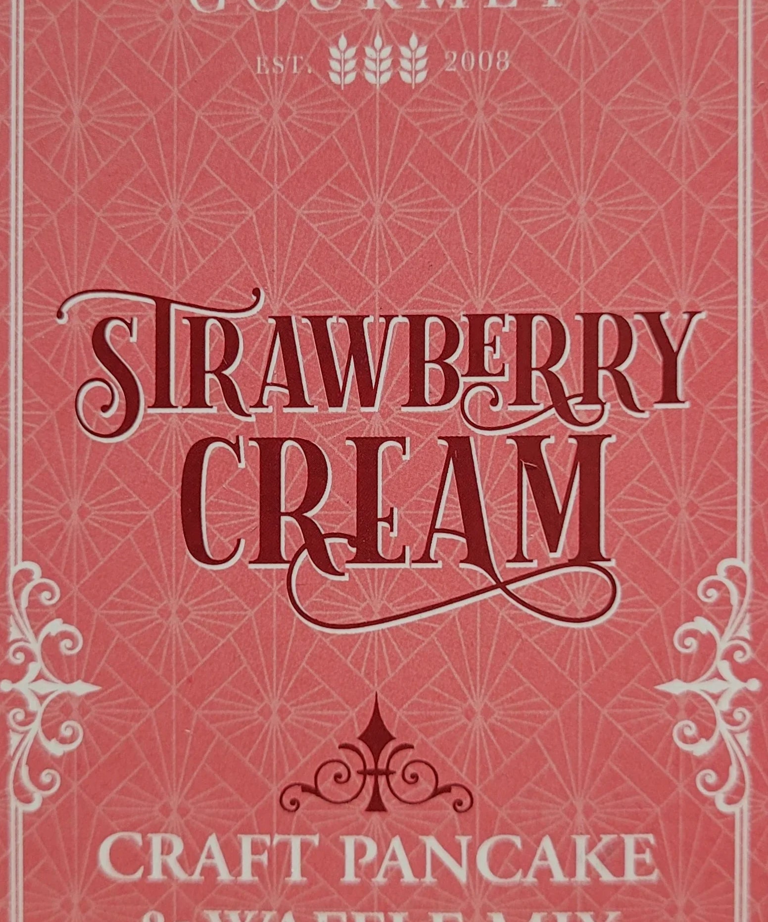 Strawberry cream craft pancake and waffle mix in pink decorative packaging, 360g