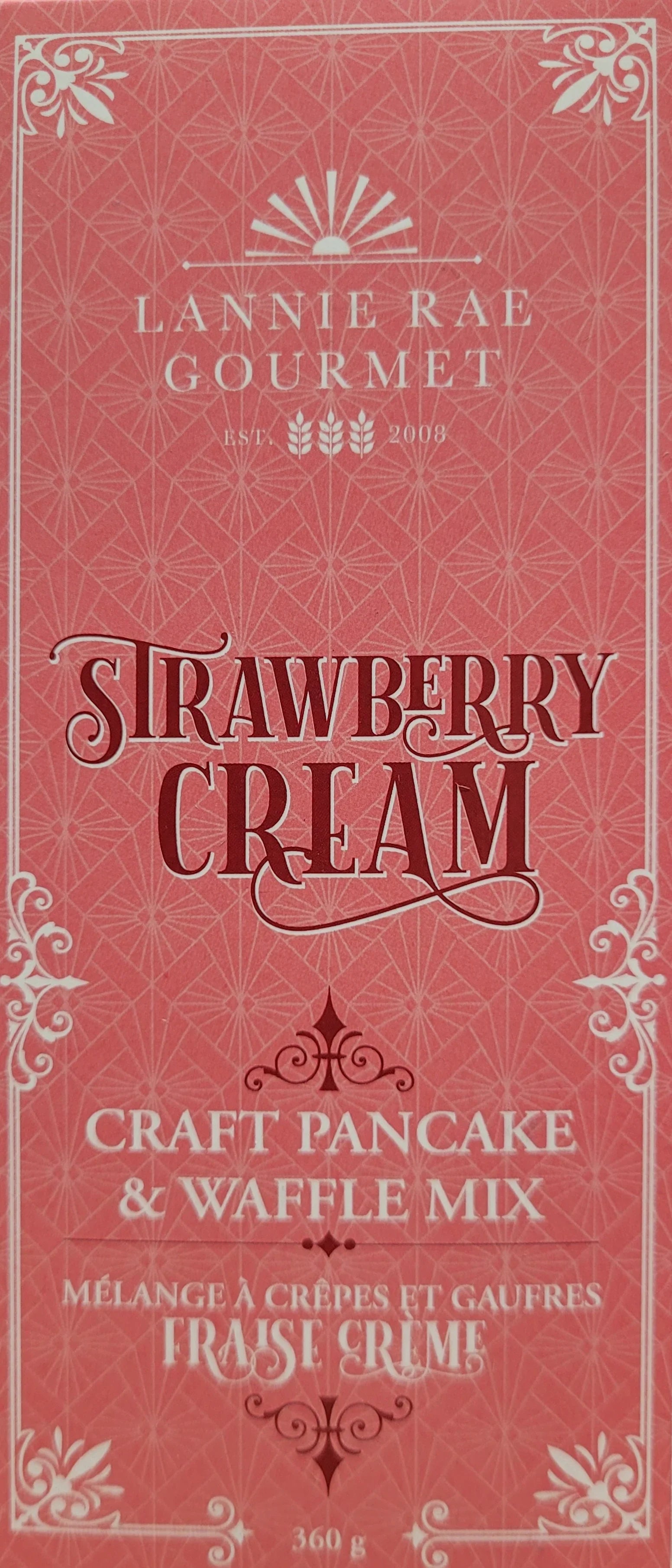 Strawberry cream craft pancake and waffle mix in pink decorative packaging, 360g