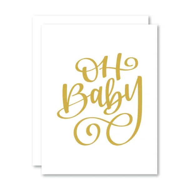 White greeting card with gold script text reading 'Oh Baby', perfect for baby shower.