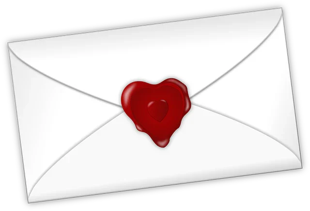 White envelope with a red heart-shaped wax seal, love letter illustration