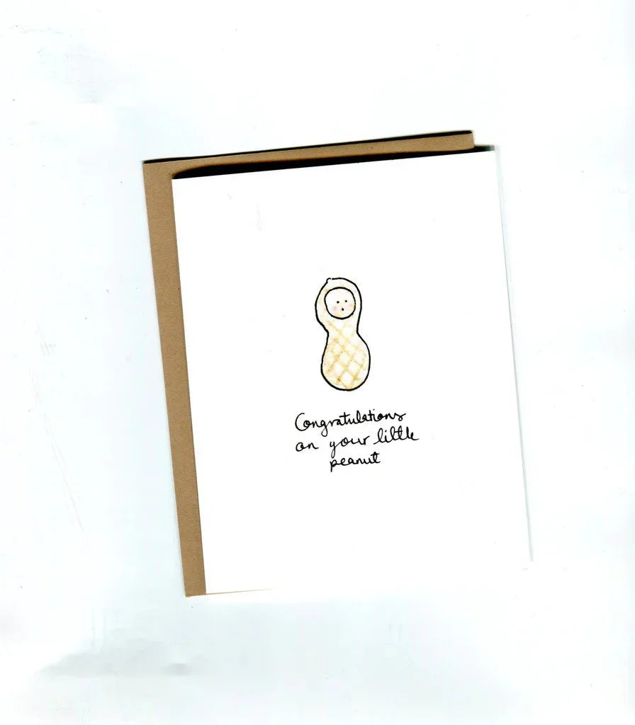 Greeting card with cute peanut baby illustration and text 'Congratulations on your little peanut'.