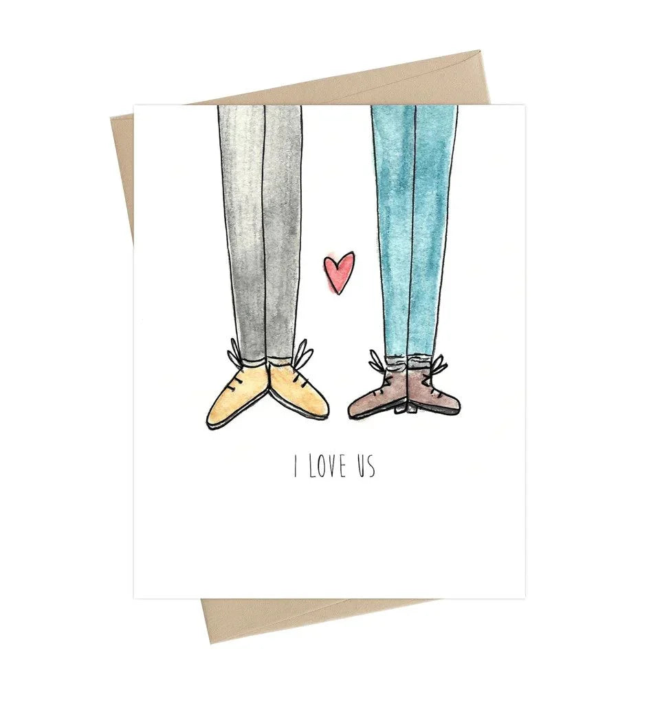Romantic greeting card with illustrated legs, heart, and 'I love us' text, ideal for couples.
