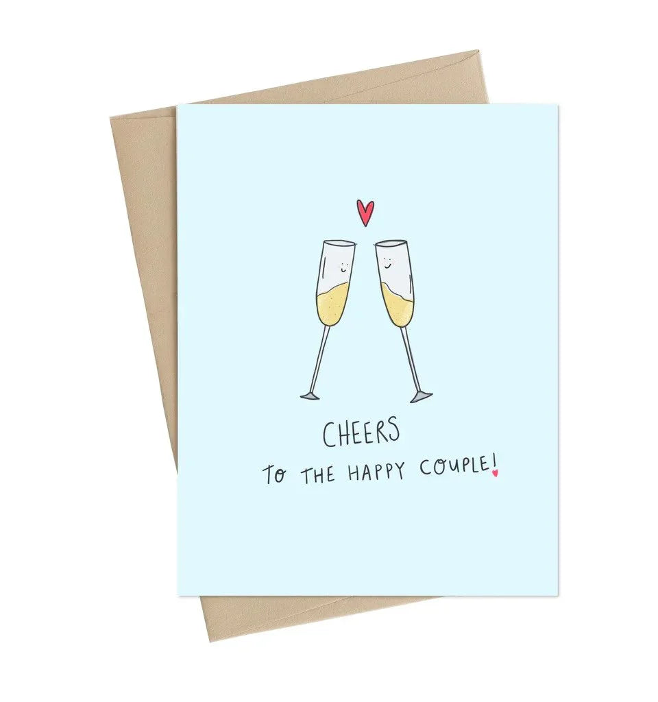 Greeting card with two clinking champagne glasses, red heart, and 'Cheers to the happy couple!' text