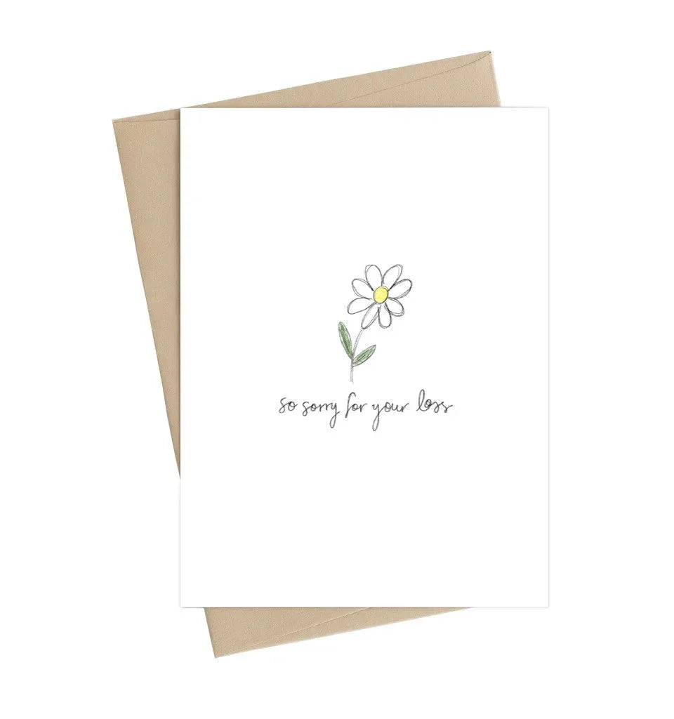 Sympathy card with hand-drawn daisy and 'so sorry for your loss' message